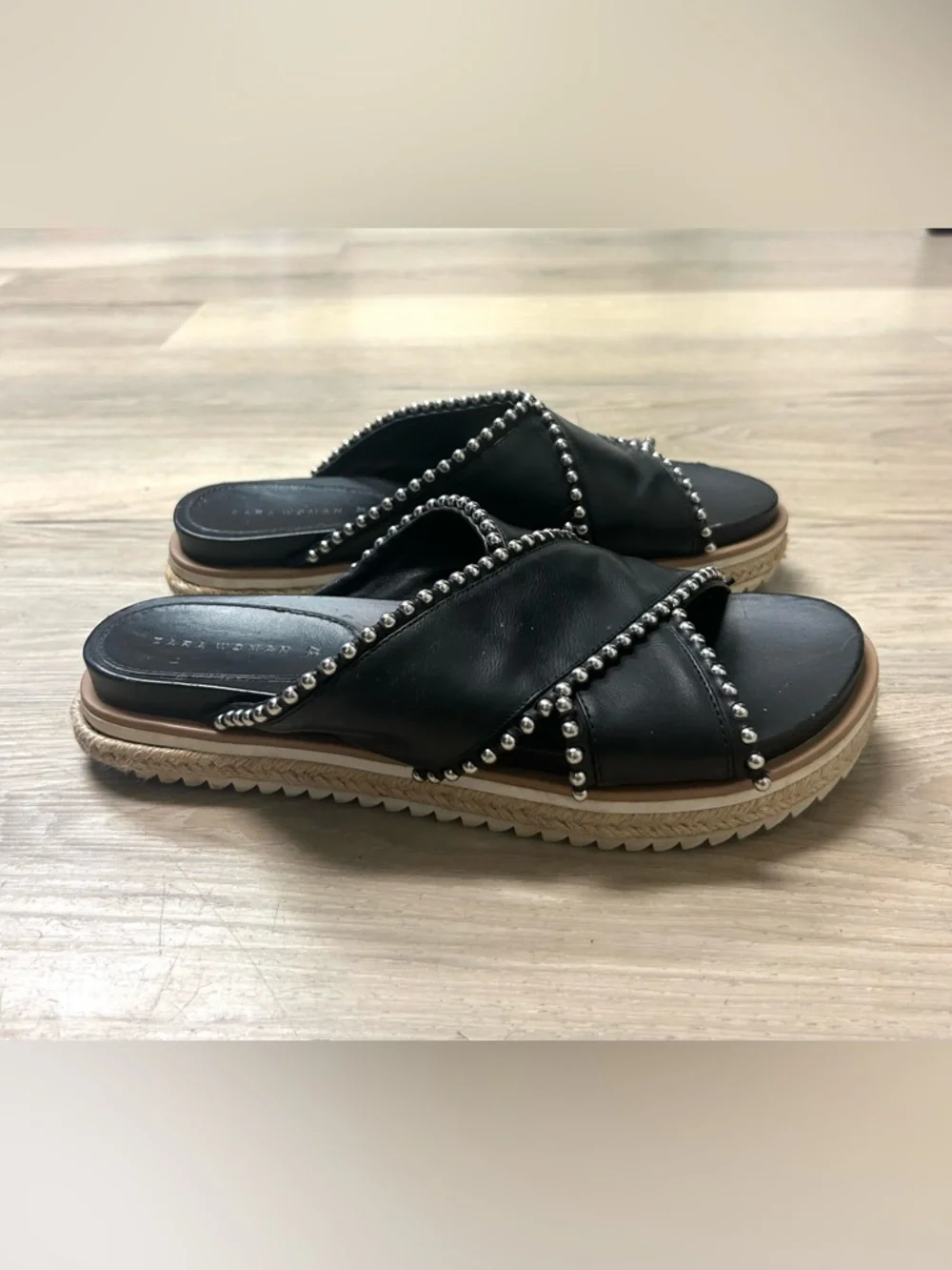 Zara Sandals Black Silver Studded Cross Strap Slides Women 6.5 Open Toe Slip On - Picture 2 of 12